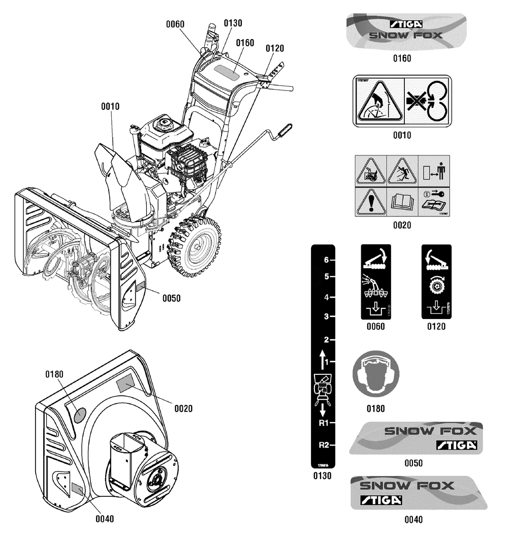 Decals Group Diagram and Parts List for 1696286-00-18-2869-32  Briggs and Stratton Snow Blower